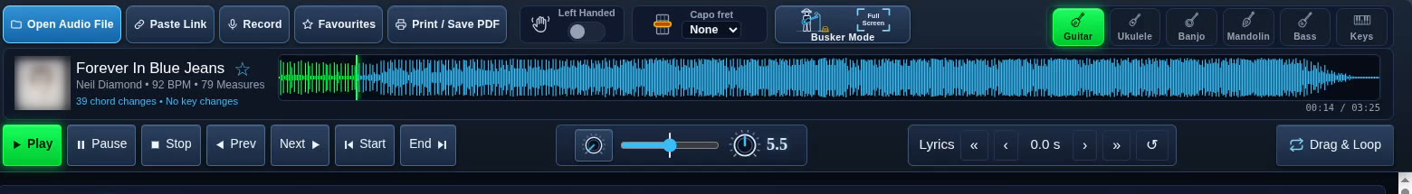 The control bar: open, record and favourites buttons, capo and left-handed controls, Busker Mode, six instruments, a waveform of the song, play controls, tempo, lyrics timing and Drag and Loop