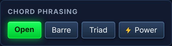 The chord shapes panel with capo, left-handed and instrument buttons